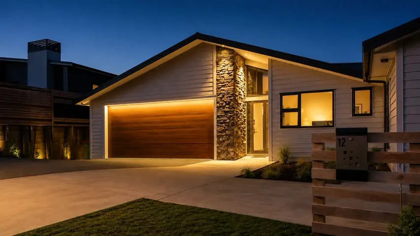 12 Prestwich Rise — the home Clinton designed and built for his own family, street elevation at dusk