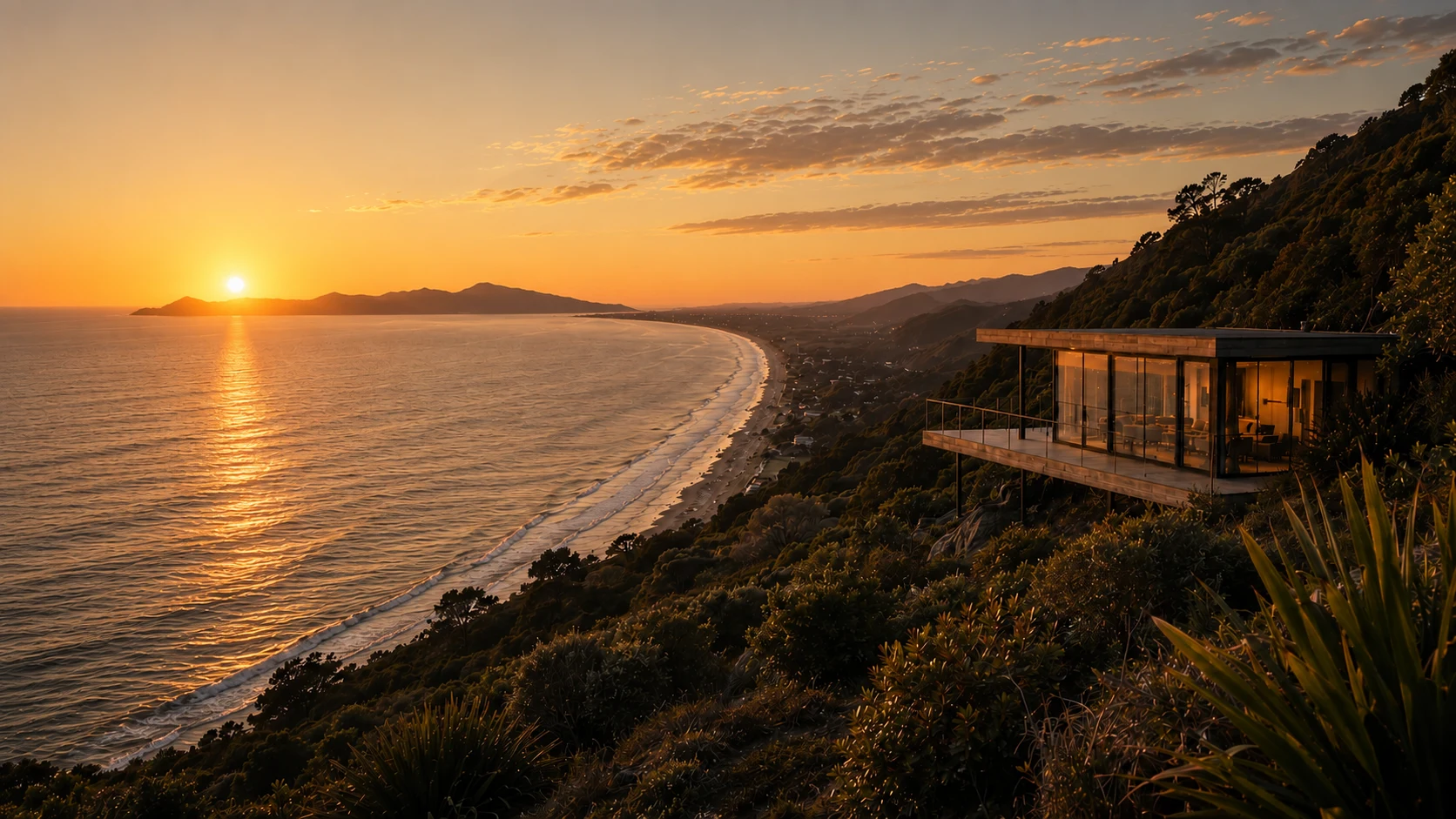 A clifftop home at sunset above a west-coast beach — the glazed living wing lit warm, the surf line and headlands running out to the horizon.