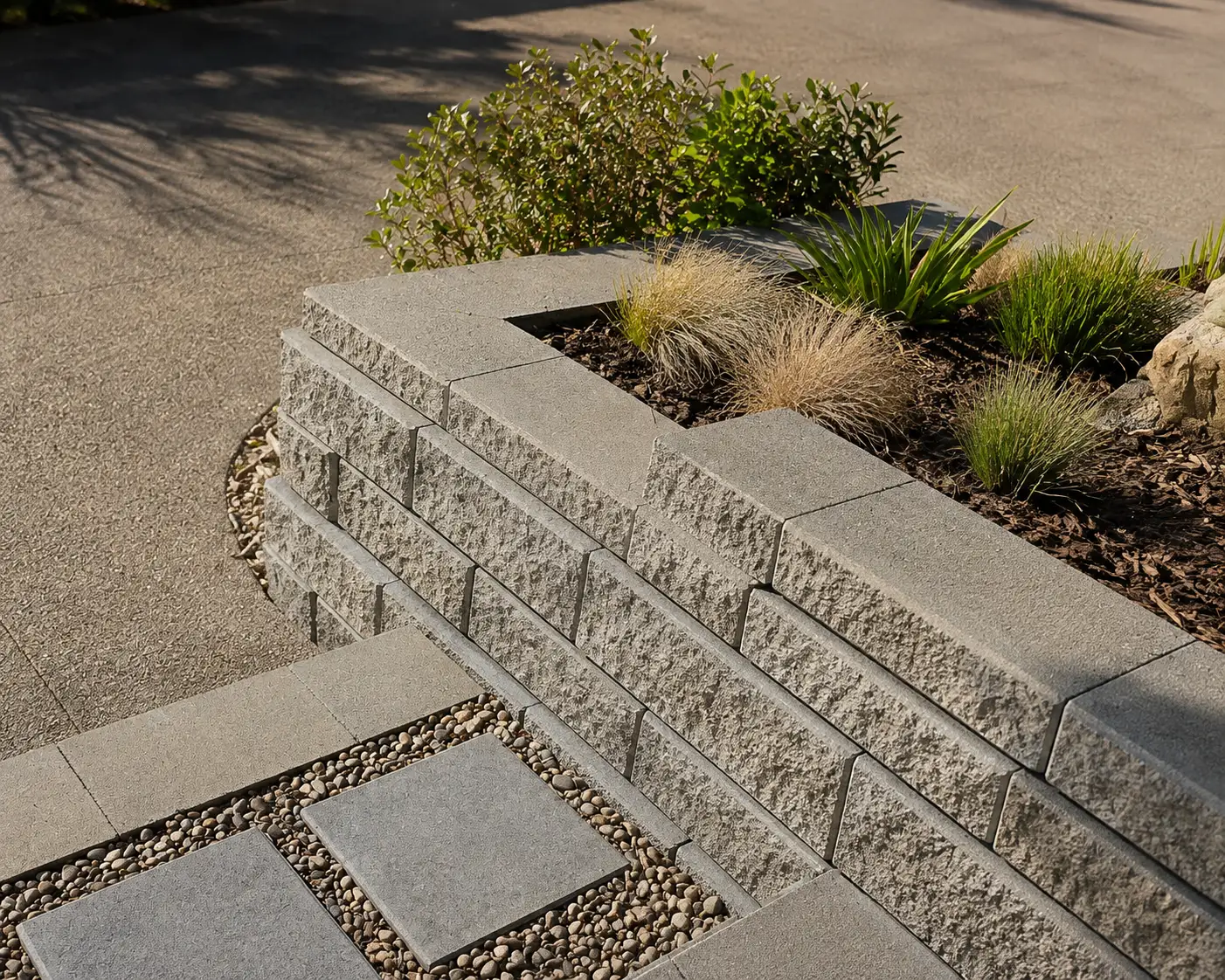The block retaining wall turning the corner of the drive, its top course planted out with grasses, and a paver path leading off along the side of the house.