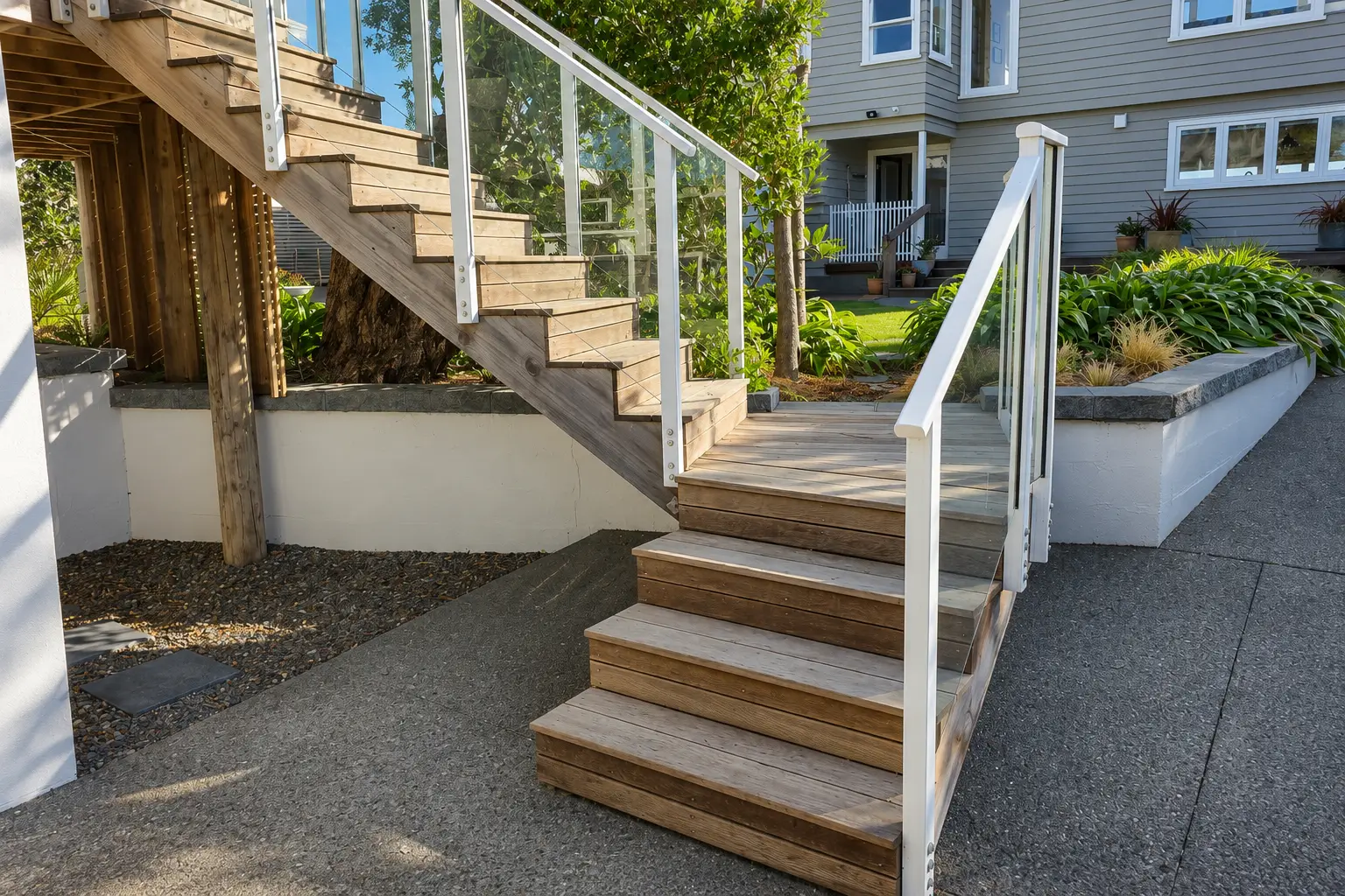The stair up to the guest quarters from the driveway — timber treads turning off a concrete apron, white posts and glass balustrade, and the planted block retaining wall running alongside.