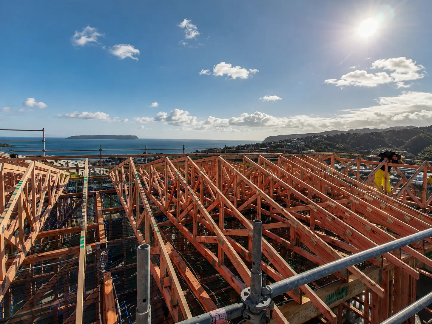 The full run of trusses from one end, a builder in high-visibility overalls working along the top plate at the far corner, and the harbour and hills behind him.