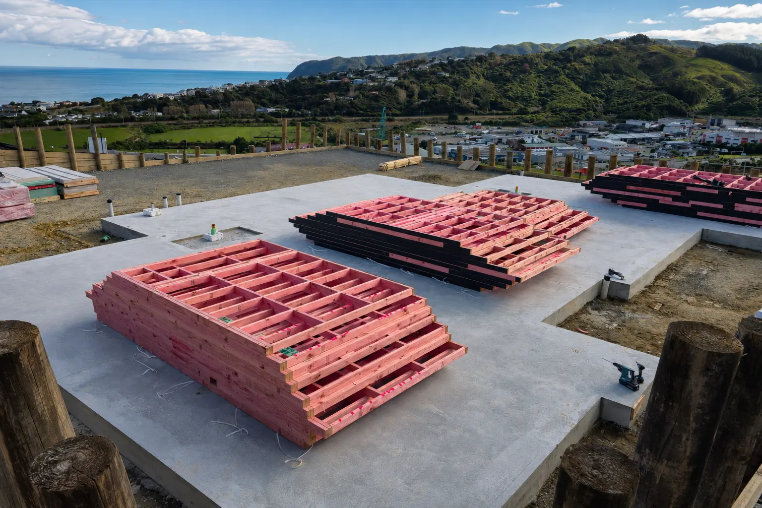 The slab poured across the full footprint, with three packs of prefabricated timber frames stacked flat on it ready to be stood, the pole retaining wall along the boundary and the coast and hills beyond.