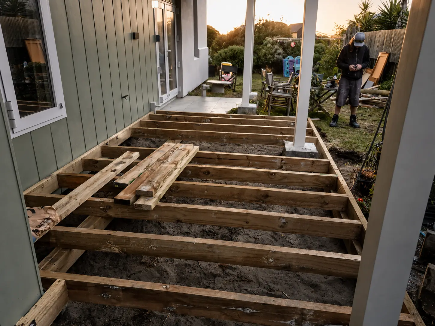 The joists laid out across the bearers, a couple of boards resting on them, and the dug ground still open underneath.