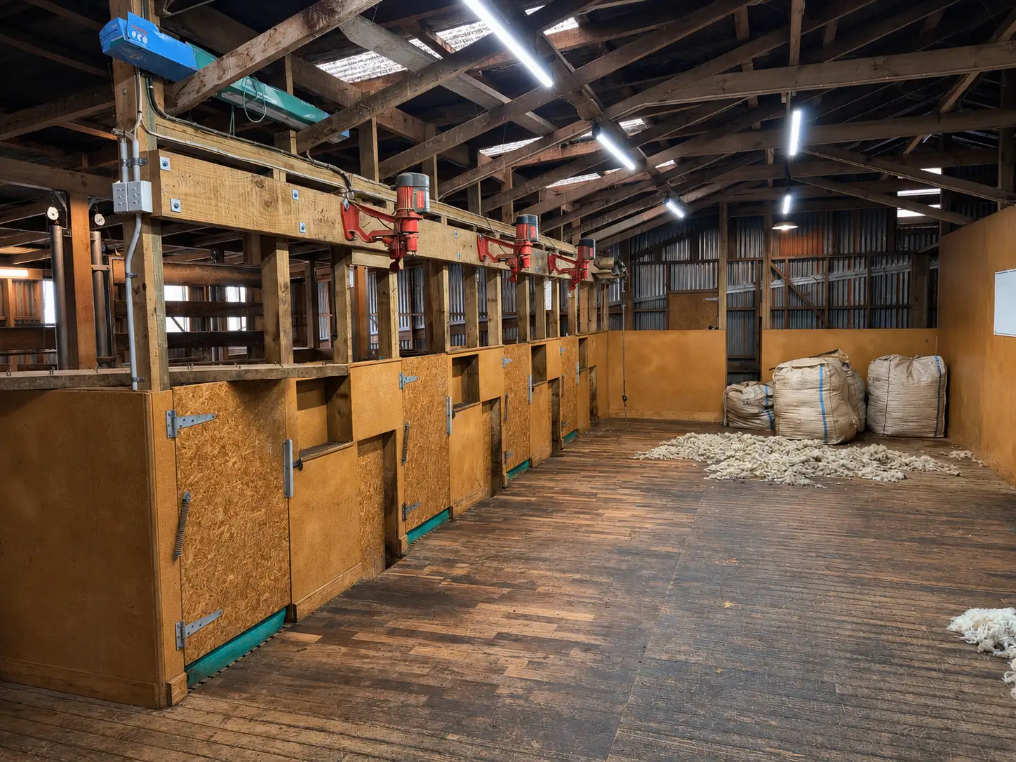 The shearing board — the rebuilt wall running the length of it with the catching-pen doors set into it, the shearing machines mounted on the beam above, and the wool bales at the far end.