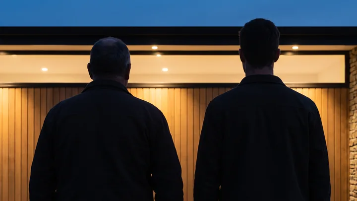 Two builders standing side by side, silhouetted against the warm light of a finished timber interior.
